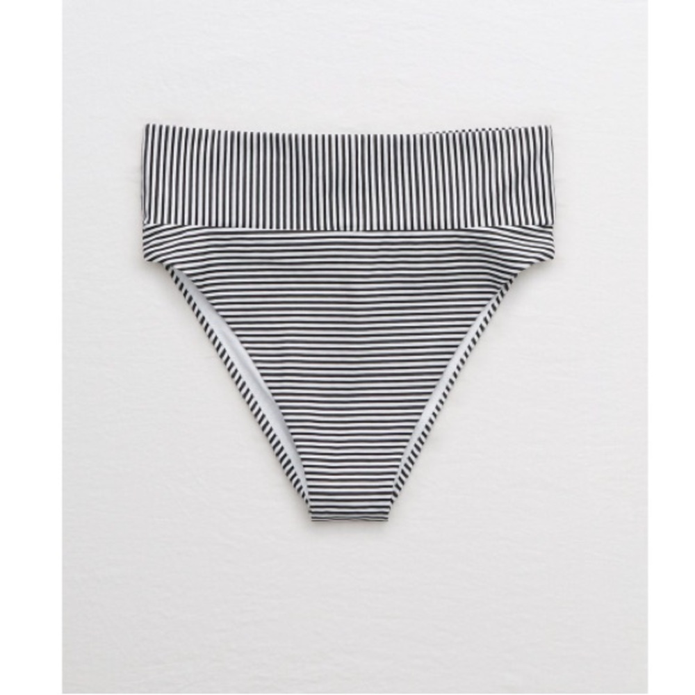 Aerie High Cut Cheeky Swim Bottoms - black & white stripes, Large.